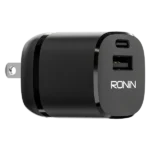 Ronin R-6045 Dual Port Charger Adapter, a wall plug with both a USB Type-C port (30W PD) and a standard USB-A connector for charging two devices at once.