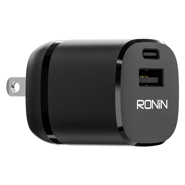 Ronin R-6045 Dual Port Charger Adapter, a wall plug with both a USB Type-C port (30W PD) and a standard USB-A connector for charging two devices at once.