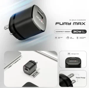 Ronin R-6045 Dual Port Charger Adapter, a wall plug with both a USB Type-C port (30W PD) and a standard USB-A connector for charging two devices at once.