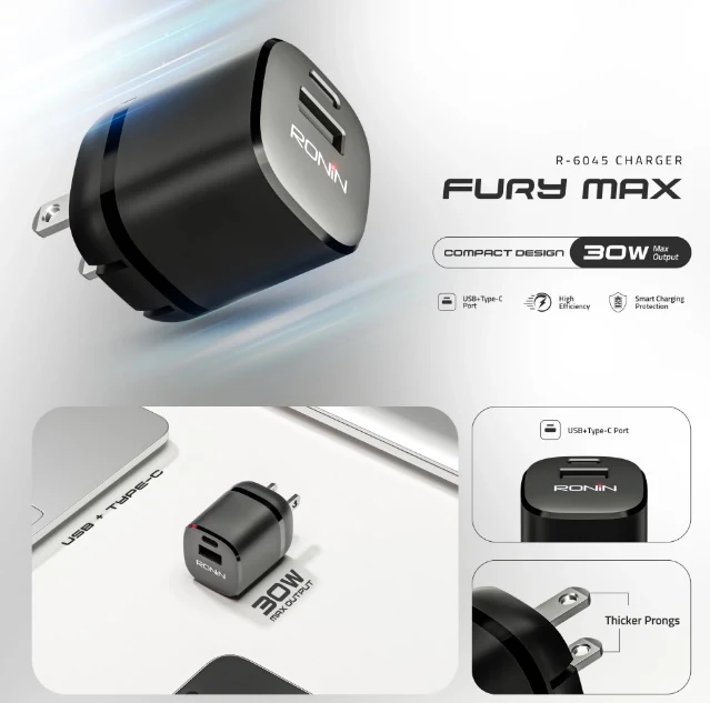 Ronin-R6045-30W-Dual-Port-Charger-Adapter-Type-C-USB-A.jpg Ronin R-6045 Dual Port Charger Adapter, a wall plug with both a USB Type-C port (30W PD) and a standard USB-A connector for charging two devices at once.