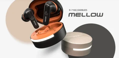 Ronin Mellow Earbuds R-7100, showing their sleek design and compact charging case, emphasizing the comfortable shape.