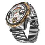 Front view of the newest Ronin R-14 Luxe Smart Watch, featuring a silver premium stainless steel casing and a high-grade strap, with the new high-resolution interface displayed.