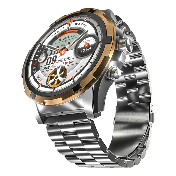 Ronin-R14-Luxe-Smart-Watch-Premium-Stainless-Steel-New.jpg Front view of the newest Ronin R-14 Luxe Smart Watch, featuring a silver premium stainless steel casing and a high-grade strap, with the new high-resolution interface displayed.