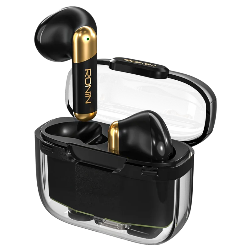 Ronin R-7070 Snap True Wireless Earbuds and their compact charging case, highlighting the quick-access design.