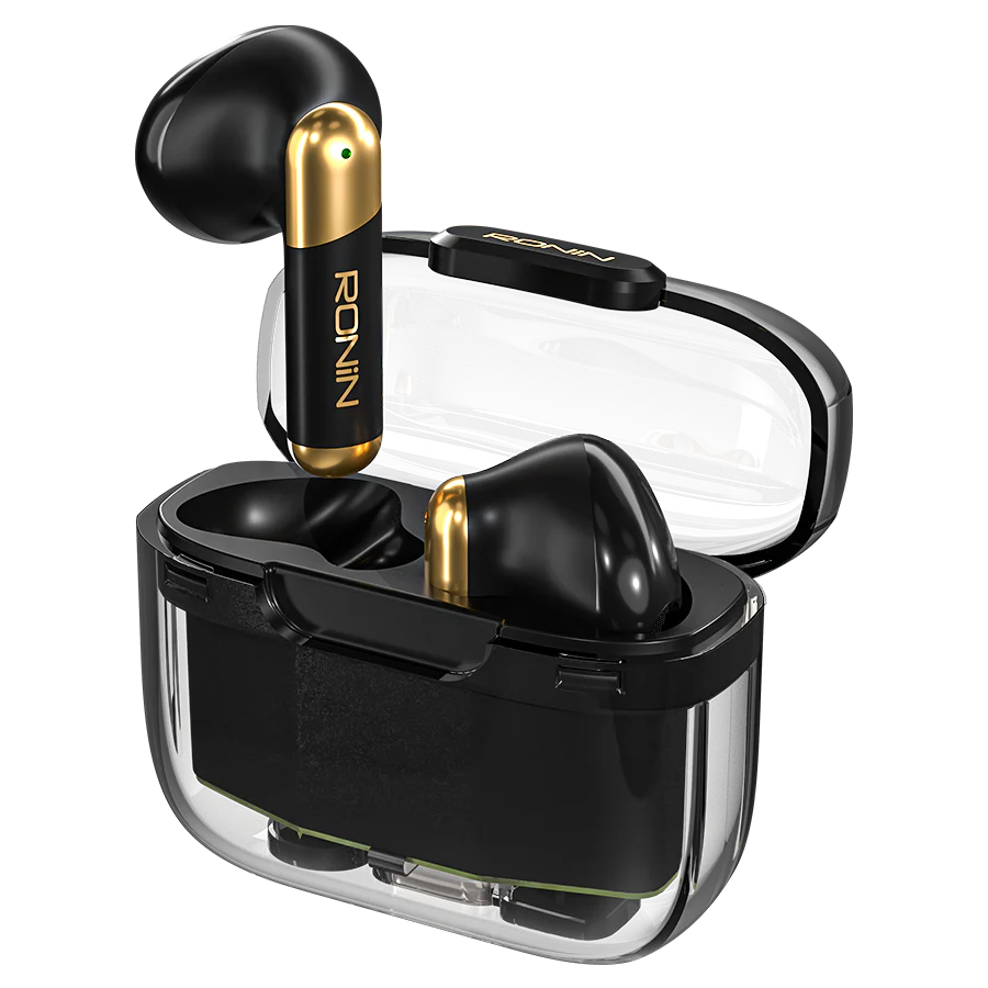 Ronin-R7070-Snap-Earbuds-Instant-Pairing-Black.jpg Ronin R-7070 Snap True Wireless Earbuds and their compact charging case, highlighting the quick-access design.