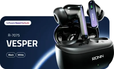 Ronin Vesper Earbuds R-7075 inside their black, compact charging case, displaying the earbuds' ergonomic design.