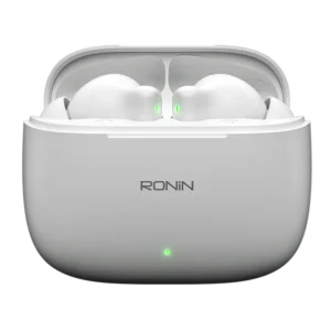 Ronin R-740 Vivid True Wireless Earbuds and their charging case, shown in a bright color, emphasizing the modern and colorful design.