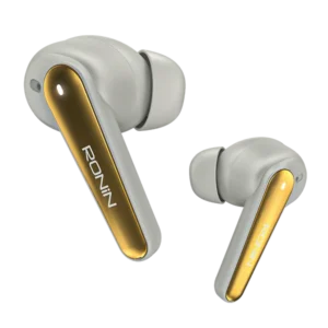 Ronin R-7065 Eclipse True Wireless Earbuds and their dark, sleek charging case, highlighting the compact and premium design.