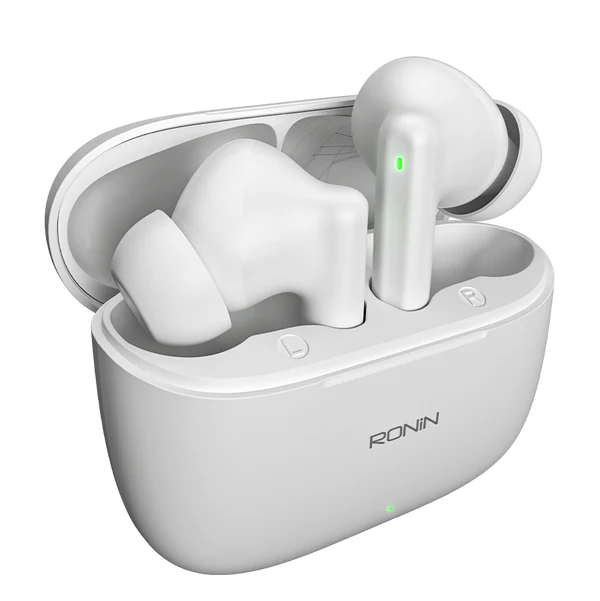 Ronin-R740-Vivid-Earbuds-Blue-Clear-Audio.jpg Ronin R-740 Vivid True Wireless Earbuds and their charging case, shown in a bright color, emphasizing the modern and colorful design.