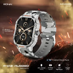 Front view of the Ronin R-13 Rugged Smart Watch, showing its reinforced black casing, textured strap, and a display with GPS navigation data.