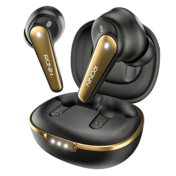 Ronin R-7065 Eclipse True Wireless Earbuds and their dark, sleek charging case, highlighting the compact and premium design.