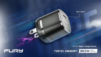 Ronin R-6035 FURY Charger Adapter, a compact wall plug with a single Type-C port, highlighting its 30W Power Delivery capability.