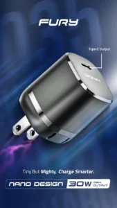 Ronin R-6035 FURY Charger Adapter, a compact wall plug with a single Type-C port, highlighting its 30W Power Delivery capability.