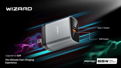 Ronin R-6020 WIZARD Charger Adapter, showing its compact size and multiple USB-C and USB-A charging ports for fast Power Delivery.