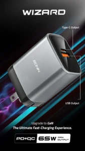 Ronin R-6020 WIZARD Charger Adapter, showing its compact size and multiple USB-C and USB-A charging ports for fast Power Delivery.
