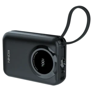 Ronin ZAPSTER 20,000mAh Powerbank, showing its large body with two integrated, attached or retractable charging cables: one USB Type-C (35W) and one Lightning (27W).