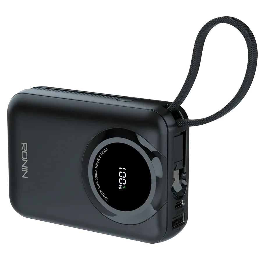 Ronin-ZAPSTER-20000mAh-Powerbank-35W-Type-C-27W-Lightning-Cables.jpg Ronin ZAPSTER 20,000mAh Powerbank, showing its large body with two integrated, attached or retractable charging cables: one USB Type-C (35W) and one Lightning (27W).