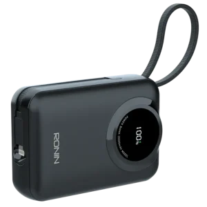 Ronin ZAPSTER 20,000mAh Powerbank, showing its large body with two integrated, attached or retractable charging cables: one USB Type-C (35W) and one Lightning (27W).