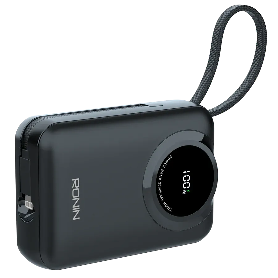 Ronin-ZAPSTER-20000mAh-Powerbank-35W-Type-C-27W-Lightning-Cables.jpg Ronin ZAPSTER 20,000mAh Powerbank, showing its large body with two integrated, attached or retractable charging cables: one USB Type-C (35W) and one Lightning (27W).
