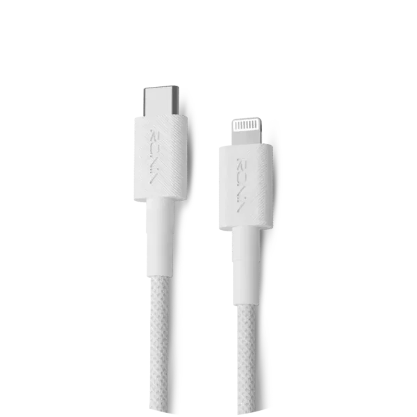 Ronin Lynix R-2045 Cable, a 1.2-meter black braided cable with a USB-C connector on one end and a Lightning connector on the other, highlighting its 27W fast charging.