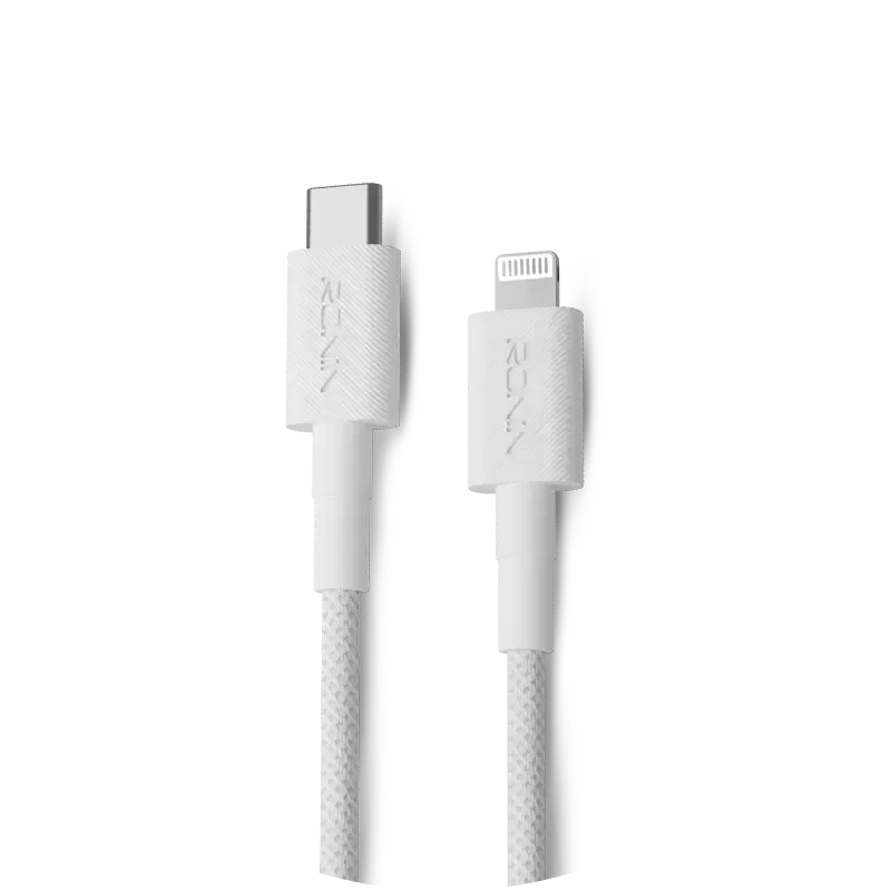 Ronin Lynix R-2045 Cable, a 1.2-meter black braided cable with a USB-C connector on one end and a Lightning connector on the other, highlighting its 27W fast charging.