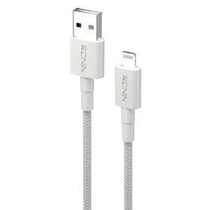 Ronin ACE iPhone Cable, a 1-meter braided Lightning to USB-A cable, highlighting its durability and 12 Watt enhanced charging speed.