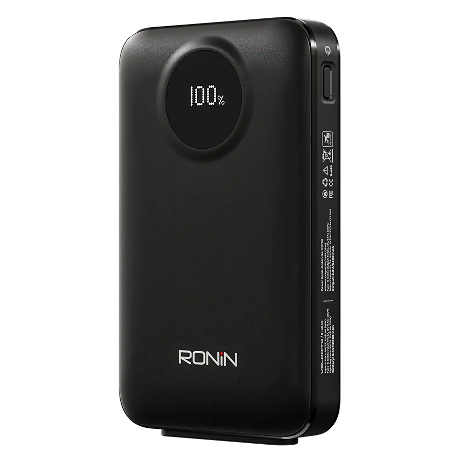 Ronin-VELOCITY-10000mAh-Wireless-Powerbank-22-5W-Fast-Charge.jpg Ronin VELOCITY 10,000mAh Powerbank, showing the sleek portable design with the visible circular mark for its 22.5W wired and integrated wireless charging pad.