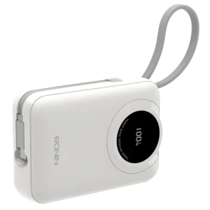 Ronin ION 20,000mAh Powerbank, showing its large body with an integrated, retractable or attached Lightning cable (20W) and a separate 22.5W Type-C output port.
