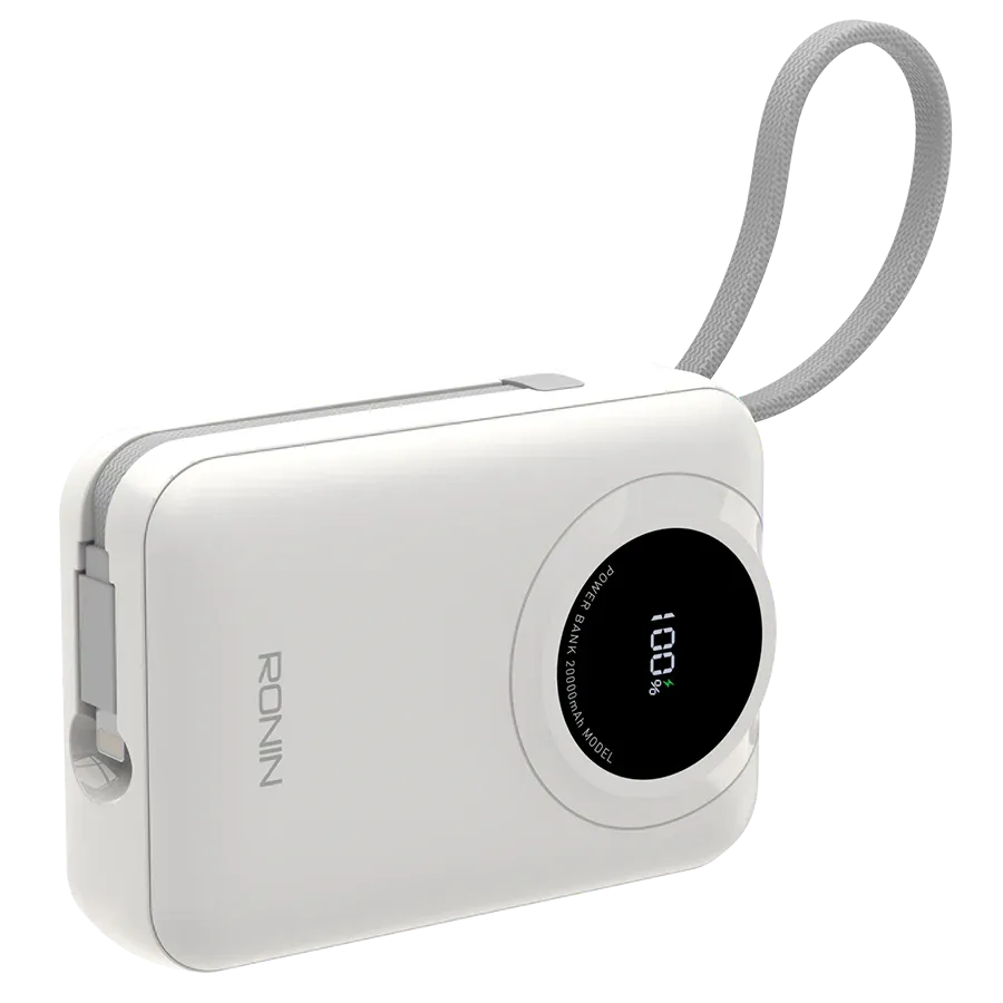 Ronin-ION-20000mAh-Powerbank-Built-in-Lightning-20W-PD.jpg Ronin ION 20,000mAh Powerbank, showing its large body with an integrated, retractable or attached Lightning cable (20W) and a separate 22.5W Type-C output port.