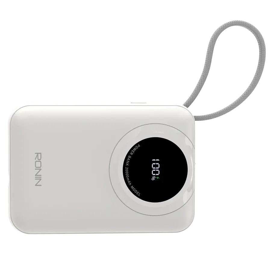 Ronin-ION-20000mAh-Powerbank-Built-in-Lightning-20W-PD.jpg Ronin ION 20,000mAh Powerbank, showing its large body with an integrated, retractable or attached Lightning cable (20W) and a separate 22.5W Type-C output port.