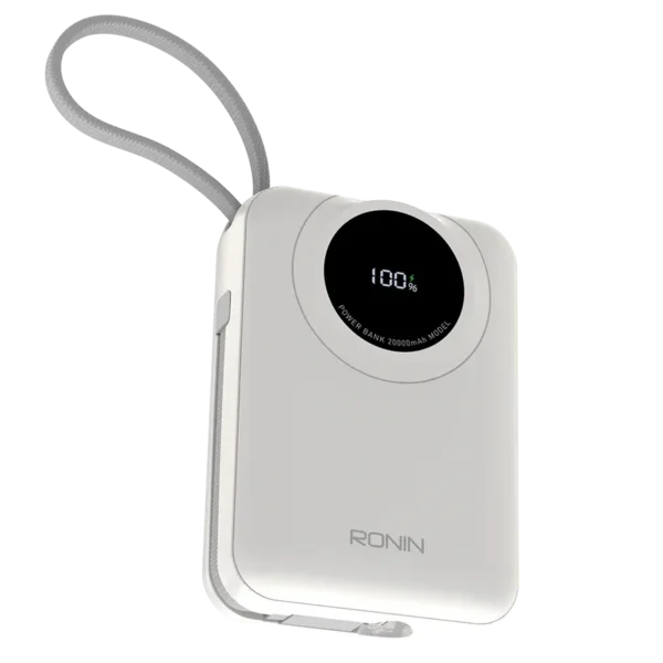 Ronin ION 20,000mAh Powerbank, showing its large body with an integrated, retractable or attached Lightning cable (20W) and a separate 22.5W Type-C output port.