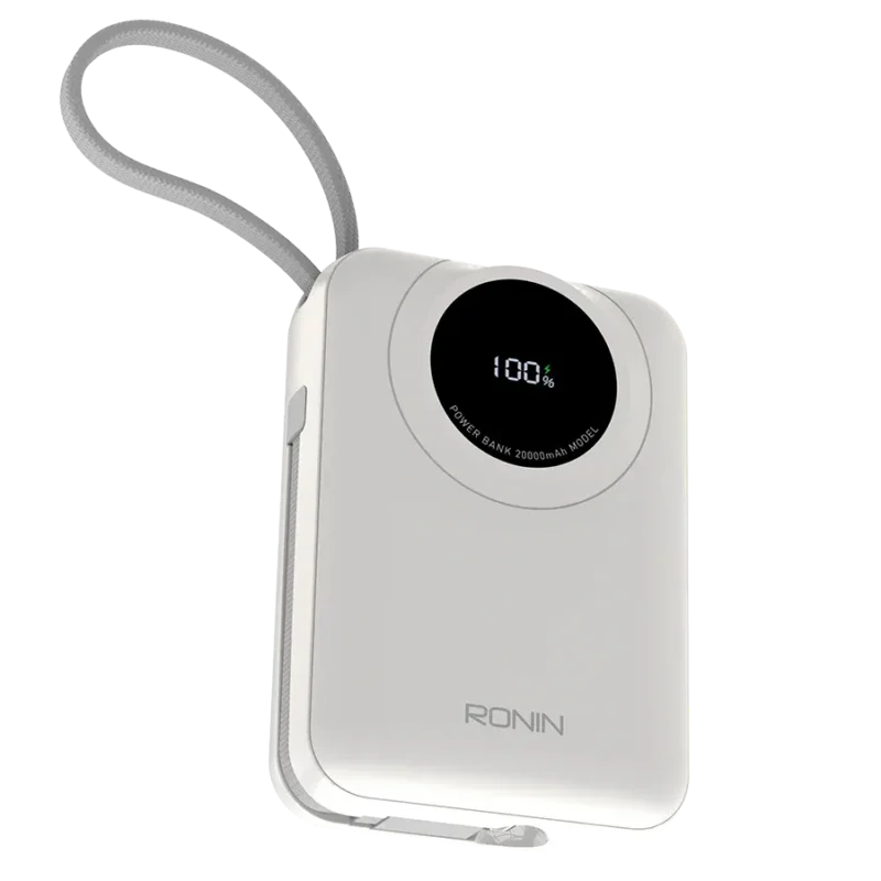 Ronin ION 20,000mAh Powerbank, showing its large body with an integrated, retractable or attached Lightning cable (20W) and a separate 22.5W Type-C output port.
