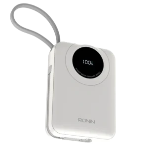 Ronin ION 20,000mAh Powerbank, showing its large body with an integrated, retractable or attached Lightning cable (20W) and a separate 22.5W Type-C output port.