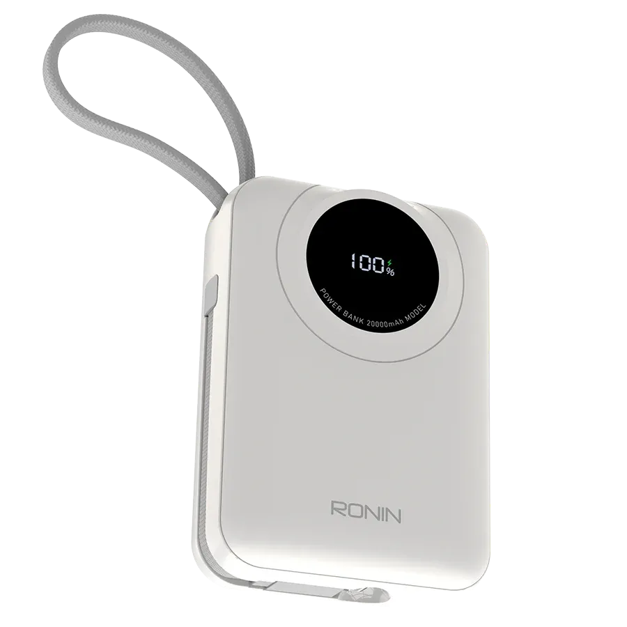 Ronin-ION-20000mAh-Powerbank-Built-in-Lightning-20W-PD.jpg Ronin ION 20,000mAh Powerbank, showing its large body with an integrated, retractable or attached Lightning cable (20W) and a separate 22.5W Type-C output port.