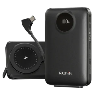Ronin VELOCITY 10,000mAh Powerbank, showing the sleek portable design with the visible circular mark for its 22.5W wired and integrated wireless charging pad.