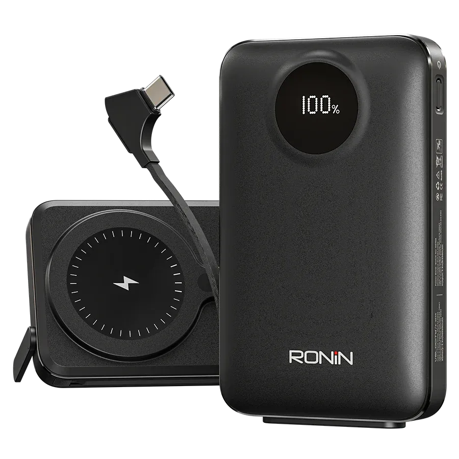 Ronin-VELOCITY-10000mAh-Wireless-Powerbank-22-5W-Fast-Charge.jpg Ronin VELOCITY 10,000mAh Powerbank, showing the sleek portable design with the visible circular mark for its 22.5W wired and integrated wireless charging pad.
