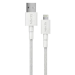 Ronin ACE iPhone Cable, a 1-meter braided Lightning to USB-A cable, highlighting its durability and 12 Watt enhanced charging speed.