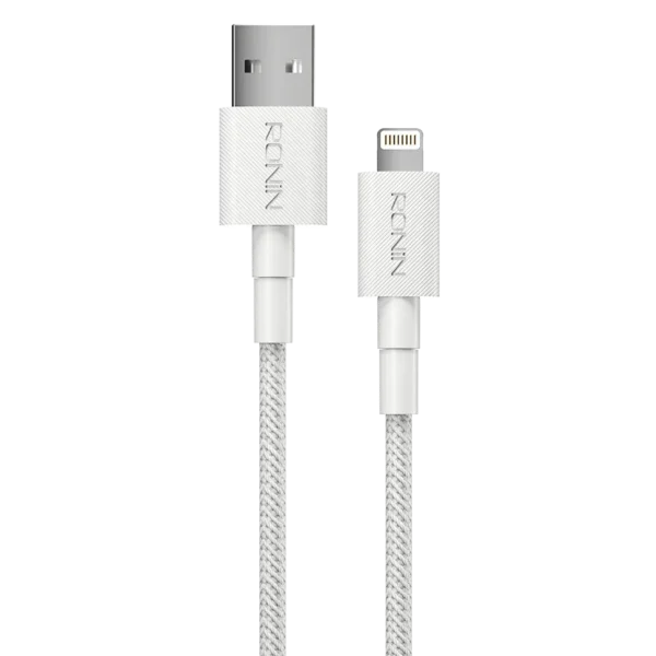 Ronin ACE iPhone Cable, a 1-meter braided Lightning to USB-A cable, highlighting its durability and 12 Watt enhanced charging speed.