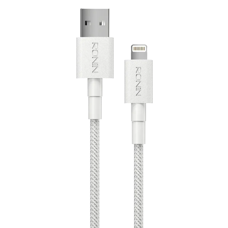 Ronin ACE iPhone Cable, a 1-meter braided Lightning to USB-A cable, highlighting its durability and 12 Watt enhanced charging speed.