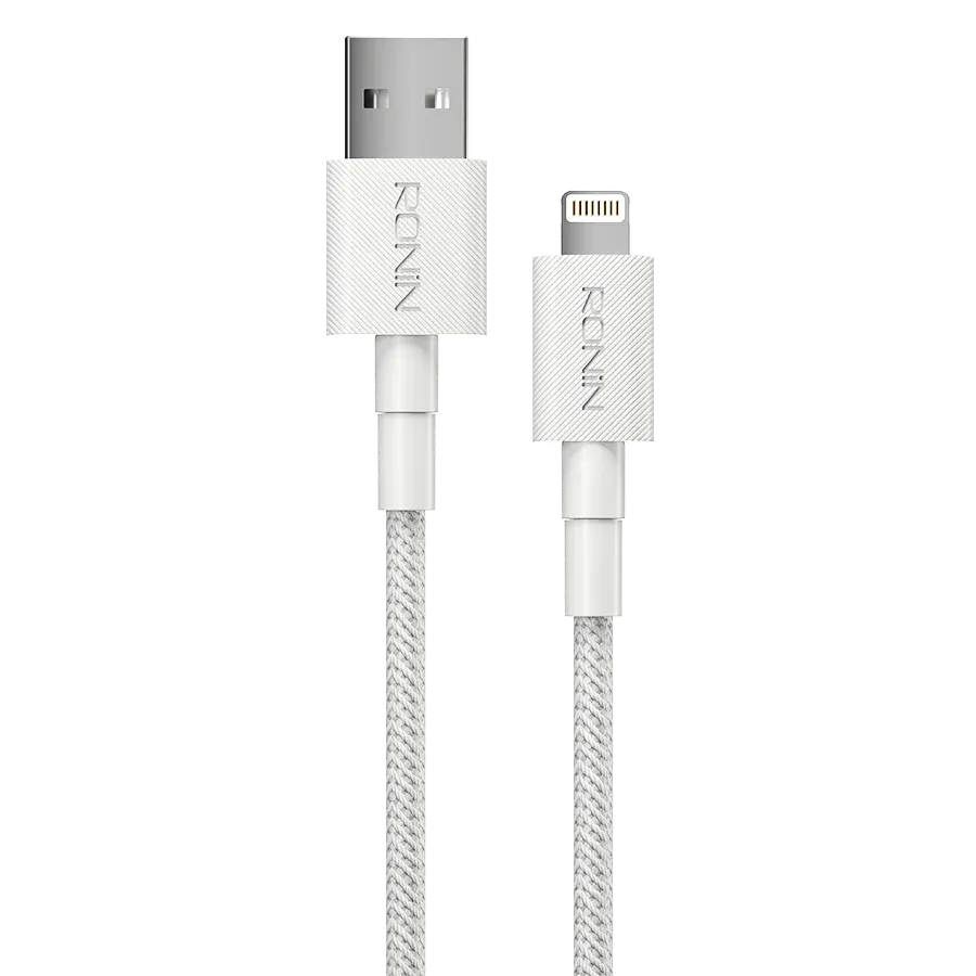 Ronin-ACE-iPhone-Cable-12W-Enhanced-Charge-1M-Braided-Lightning.jpg Ronin ACE iPhone Cable, a 1-meter braided Lightning to USB-A cable, highlighting its durability and 12 Watt enhanced charging speed.