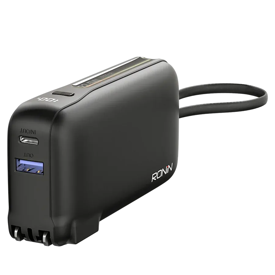 Ronin-ARCTIC-10000mAh-2-in-1-Powerbank-Wall-Charger-22-5W.jpg Ronin ARCTIC 10,000mAh Powerbank, a portable battery showing its multi-port side and the hidden/foldable AC wall prongs that enable its 2 in 1 charger function.