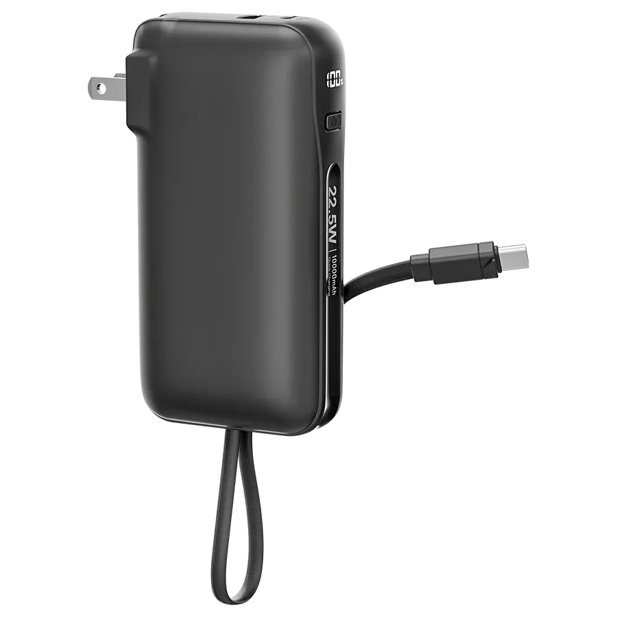 Ronin-ARCTIC-10000mAh-2-in-1-Powerbank-Wall-Charger-22-5W.jpg Ronin ARCTIC 10,000mAh Powerbank, a portable battery showing its multi-port side and the hidden/foldable AC wall prongs that enable its 2 in 1 charger function.