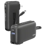 Ronin ARCTIC 10,000mAh Powerbank, a portable battery showing its multi-port side and the hidden/foldable AC wall prongs that enable its 2 in 1 charger function.