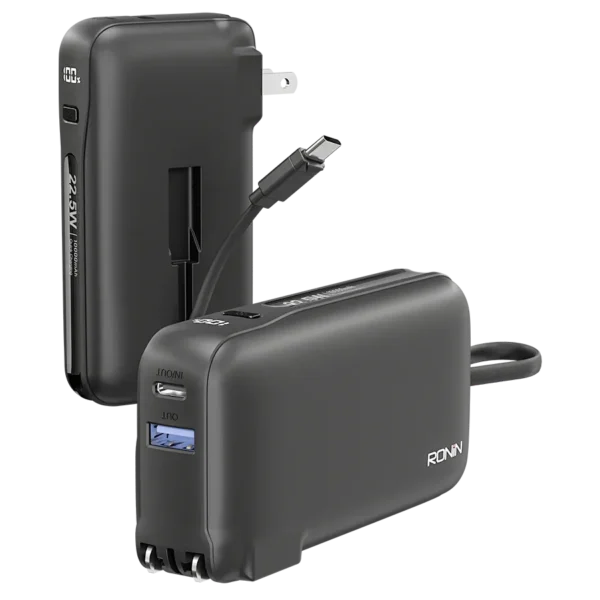 Ronin ARCTIC 10,000mAh Powerbank, a portable battery showing its multi-port side and the hidden/foldable AC wall prongs that enable its 2 in 1 charger function.