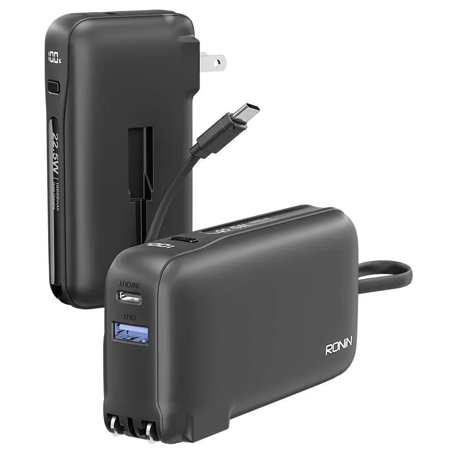 Ronin-ARCTIC-10000mAh-2-in-1-Powerbank-Wall-Charger-22-5W.jpg Ronin ARCTIC 10,000mAh Powerbank, a portable battery showing its multi-port side and the hidden/foldable AC wall prongs that enable its 2 in 1 charger function.