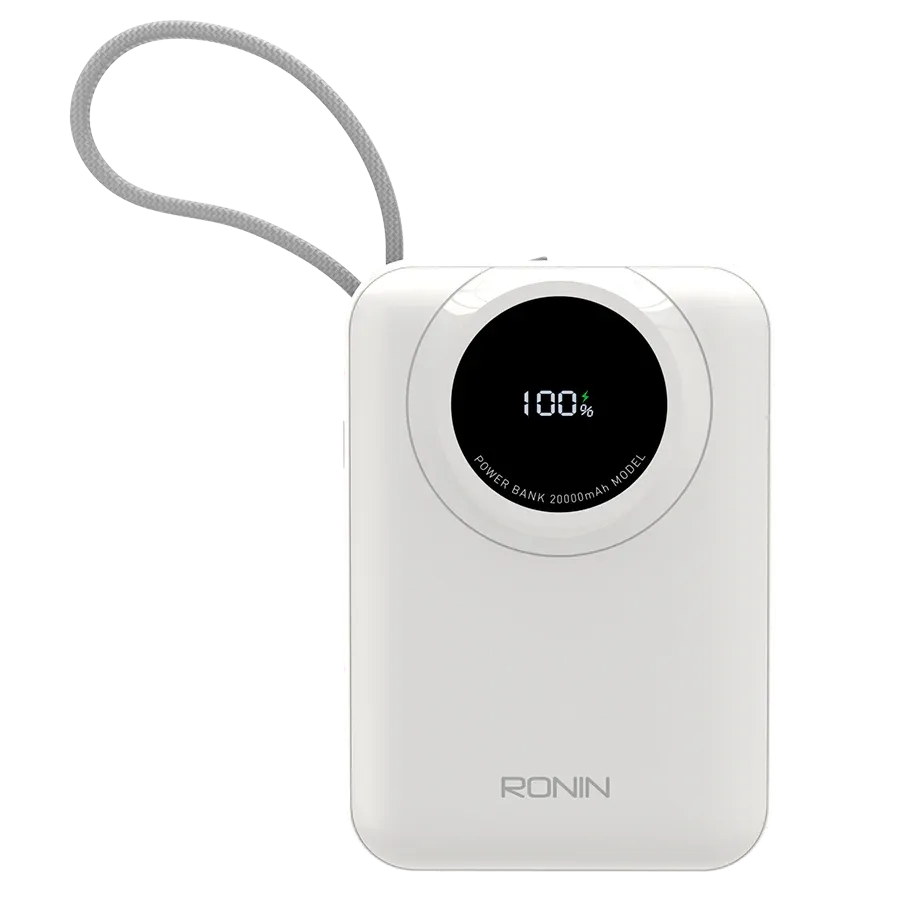 Ronin-ION-20000mAh-Powerbank-Built-in-Lightning-20W-PD.jpg Ronin ION 20,000mAh Powerbank, showing its large body with an integrated, retractable or attached Lightning cable (20W) and a separate 22.5W Type-C output port.
