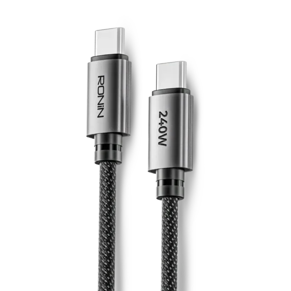 Ronin RUSH Type-C to Type-C Cable, a 1.2-meter black braided cable, highlighting its extreme 240 Watt Power Delivery (EPR) capability for high-performance laptops.