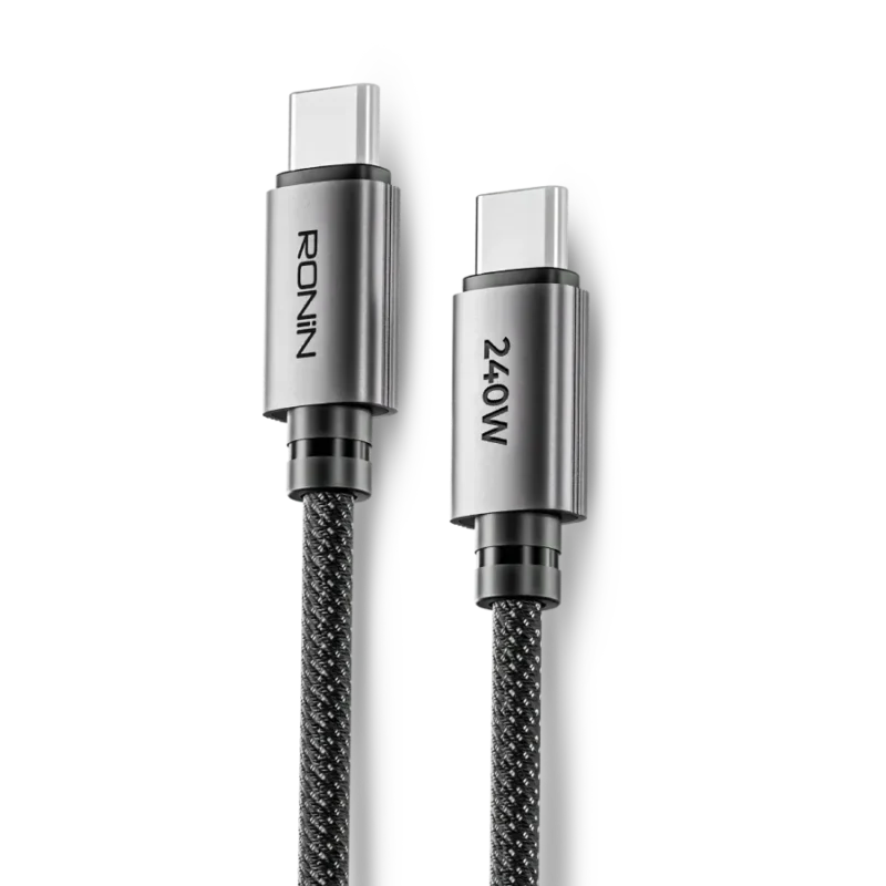 Ronin RUSH Type-C to Type-C Cable, a 1.2-meter black braided cable, highlighting its extreme 240 Watt Power Delivery (EPR) capability for high-performance laptops.