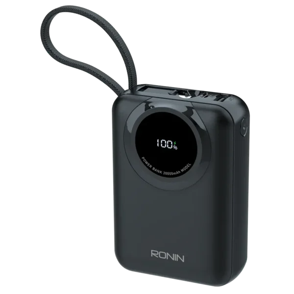 Ronin ZAPSTER 20,000mAh Powerbank, showing its large body with two integrated, attached or retractable charging cables: one USB Type-C (35W) and one Lightning (27W).