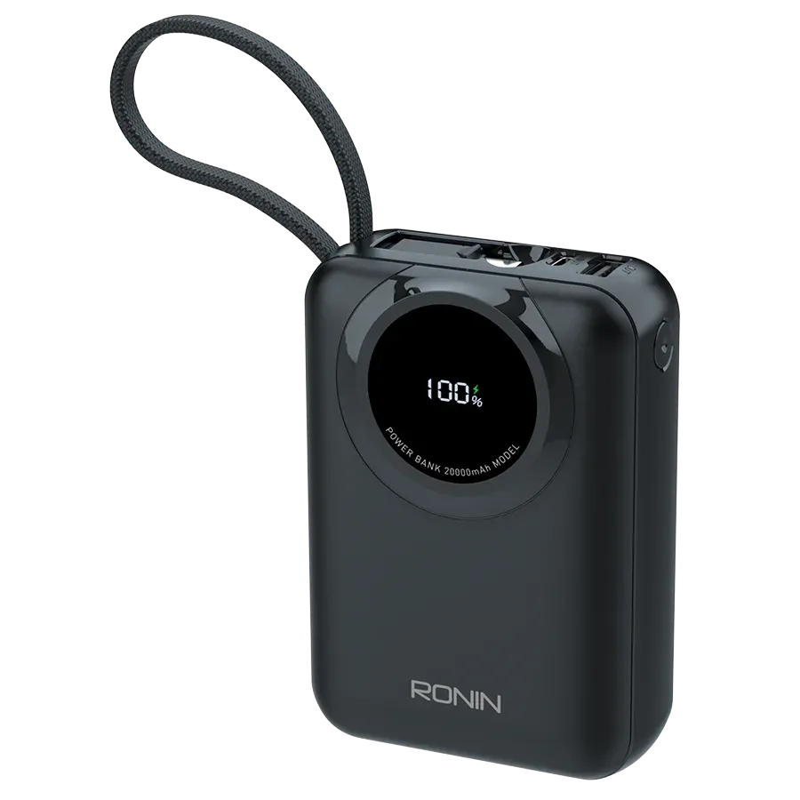 Ronin-ZAPSTER-20000mAh-Powerbank-35W-Type-C-27W-Lightning-Cables.jpg Ronin ZAPSTER 20,000mAh Powerbank, showing its large body with two integrated, attached or retractable charging cables: one USB Type-C (35W) and one Lightning (27W).